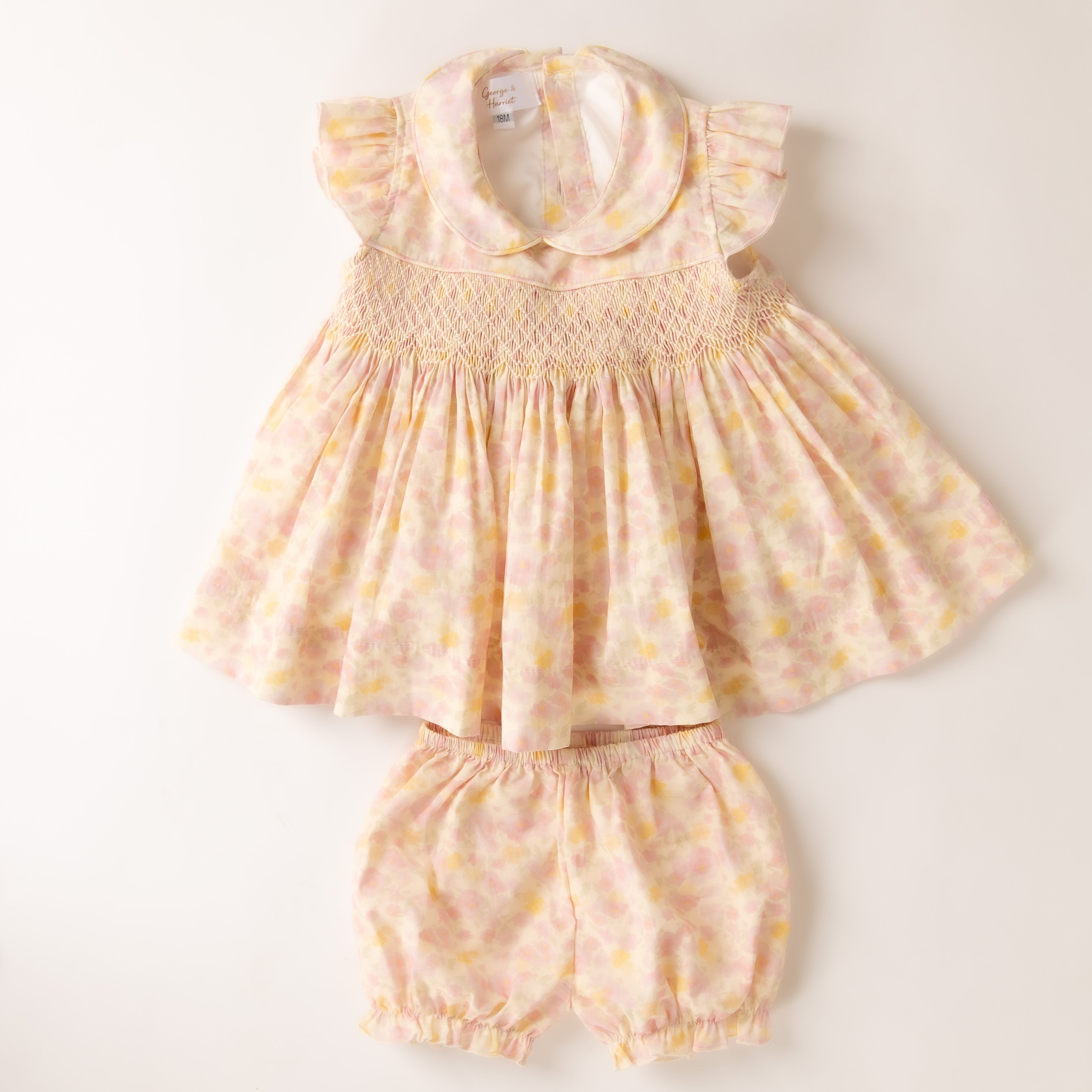 Pastel Floral Hand-Smocked Top & Bloomers Set