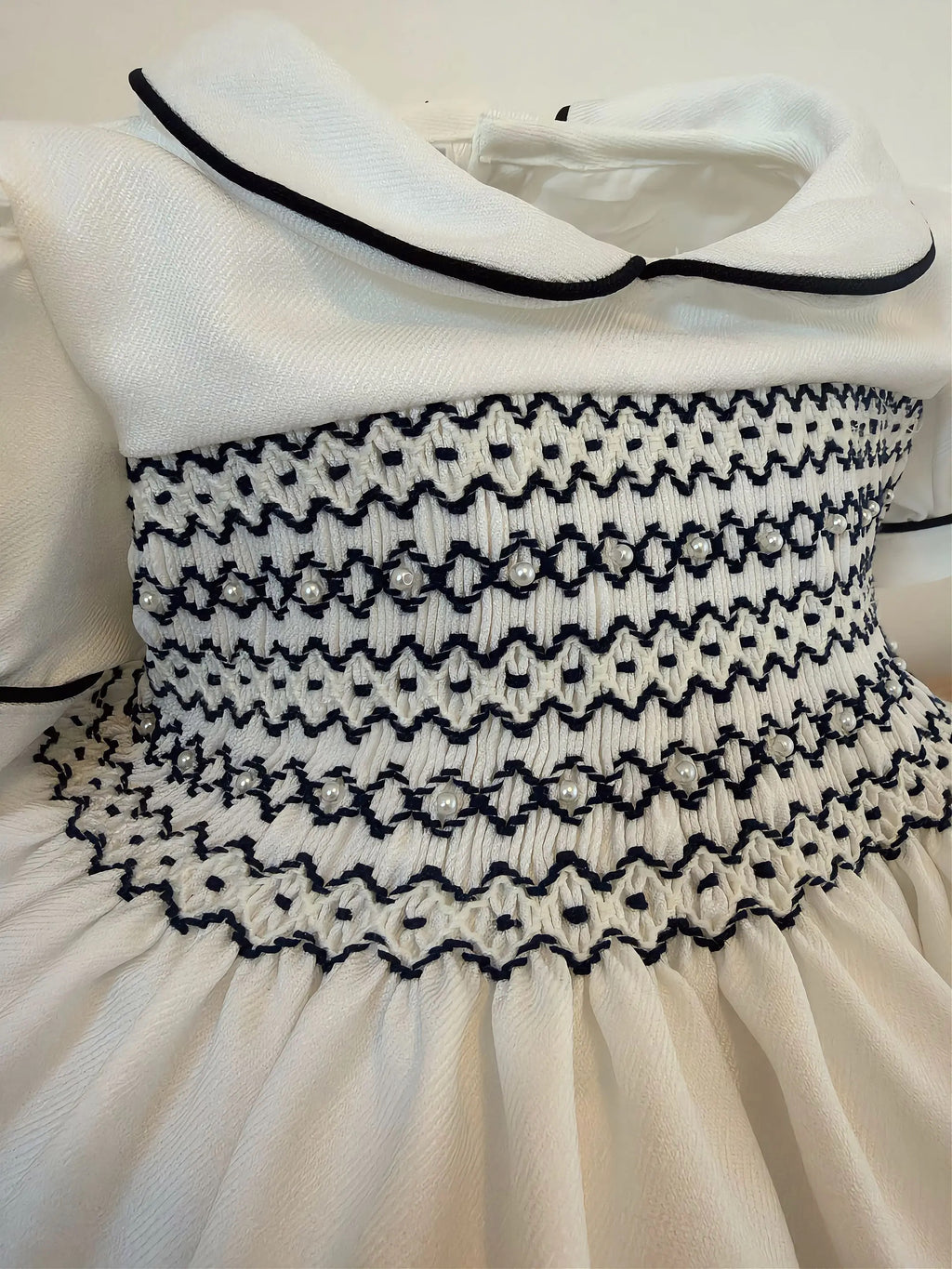 Heritage White & Navy Smocked Dress