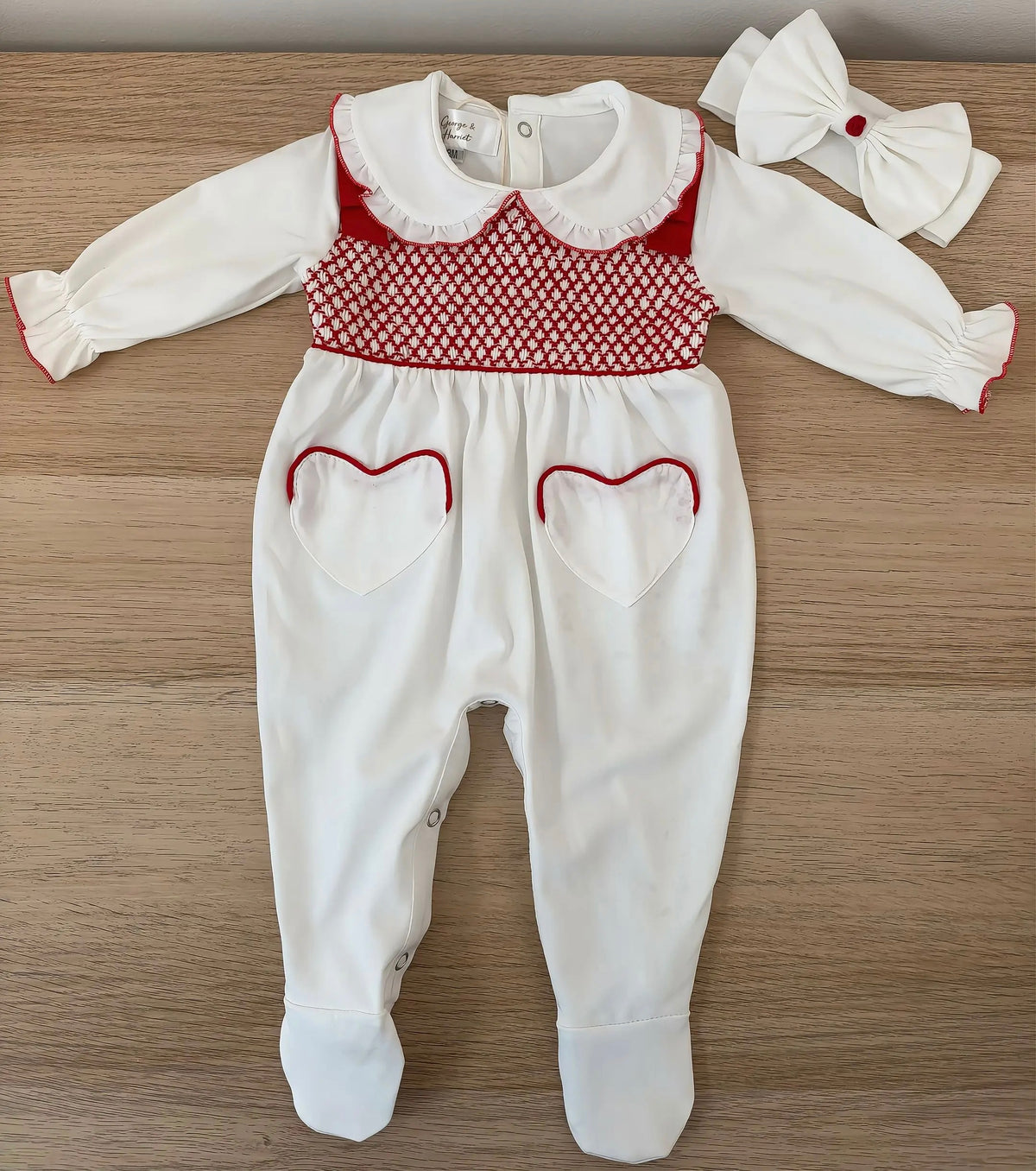 Noelle Red Smocked Heart Pocket Babygrow