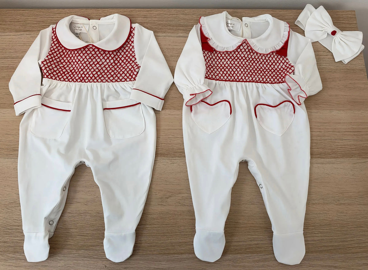 Noelle Red Smocked Heart Pocket Babygrow