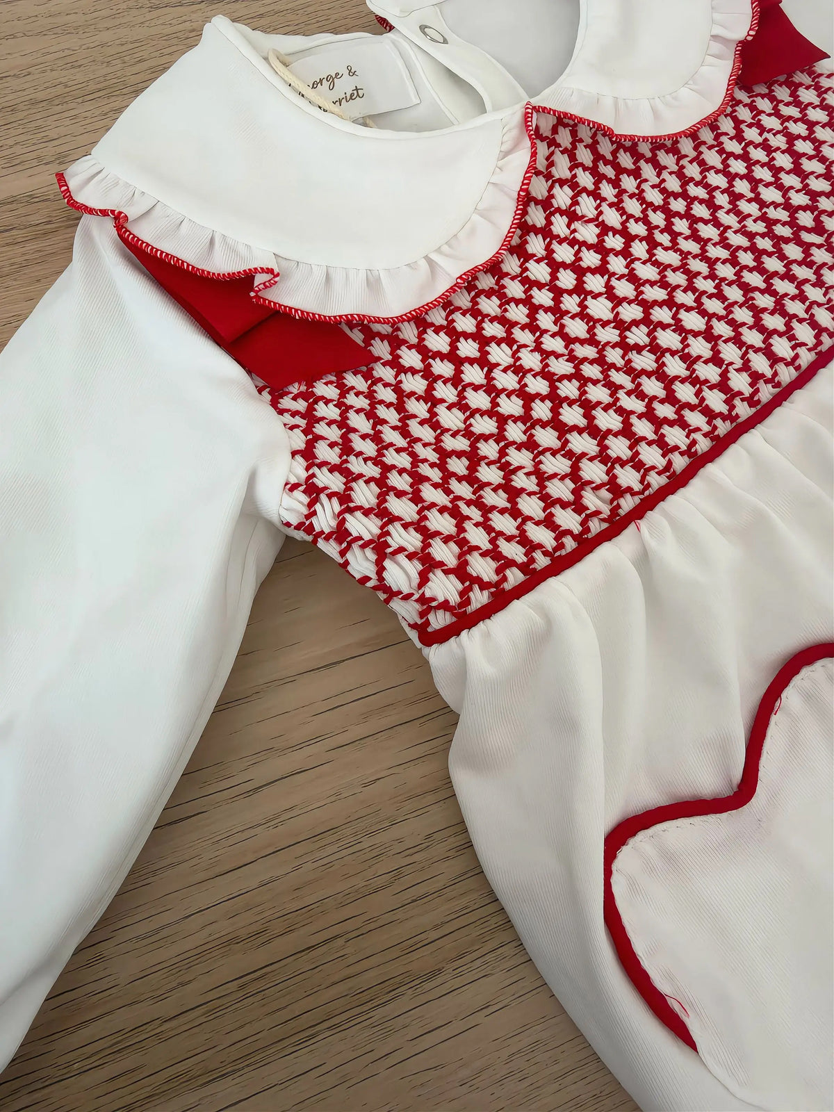 Noelle Red Smocked Heart Pocket Babygrow